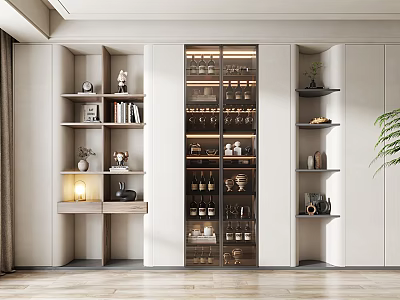 Modern Wine Cabinet Design With Glass Doors Interior Wine Bottles Glasses Bookshelves Decorations And Lighting 3d model