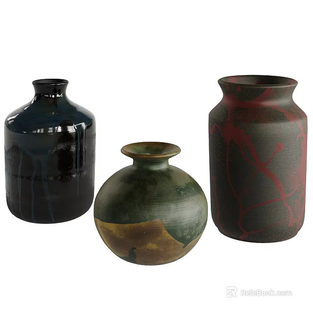 Artistic Ceramic Vessels With Blue Green Red Hues And Unique Decorative Shapes 3d model 