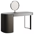 Modern Dressing Table With Round Mirror Gray Wooden Top And Black Metal Legs