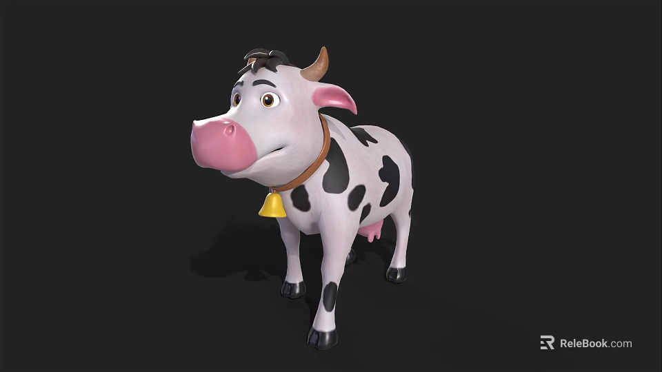 Cute 3D Cartoon Cow Character With Pink Nose Black Spots And Bell Collar 3d model 