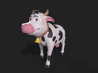 Cute 3D Cartoon Cow Character With Pink Nose Black Spots And Bell Collar 3d model