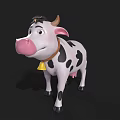 Cute 3D Cartoon Cow Character With Pink Nose Black Spots And Bell Collar