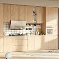 Modern Kitchen Interior With Light Wooden Cabinets Range Hood Tile Backsplash And Stove