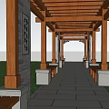 Wooden Pergola Structure with Stone Support Columns and Benches in Grass Area