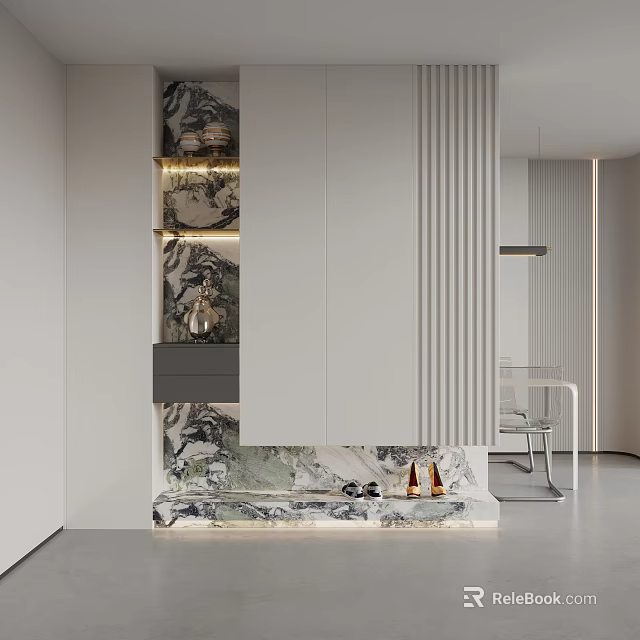 Modern Shoe Cabinet with White Marble Design and Storage Shelves 3d model 