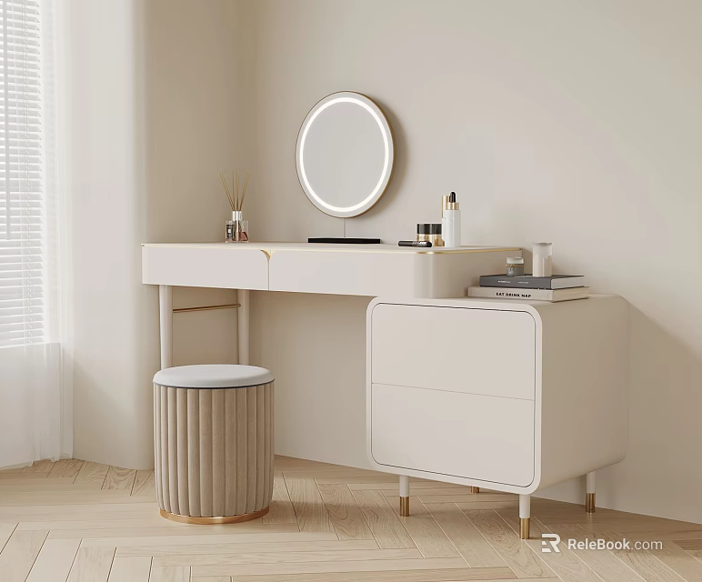 Modern White Dressing Table With Round Mirror Stool And Drawer Cabinet 3d model 