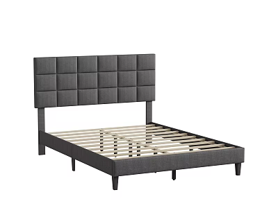 Modern Double Bed With Grey Tufted Headboard And Black Frame Wooden Slats 3d model