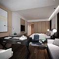 Modern Hotel Room Interior With Large Bed Wooden Paneling And Geometric Rug