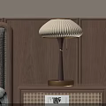 Pleated Beige Table Lamp on Brown Bedside Table with Wooden Wall Background