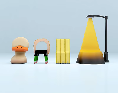 Creative Art Installation Featuring Duck Shaped Arch Structure Stacked Books And Yellow Street Lamp 3d model