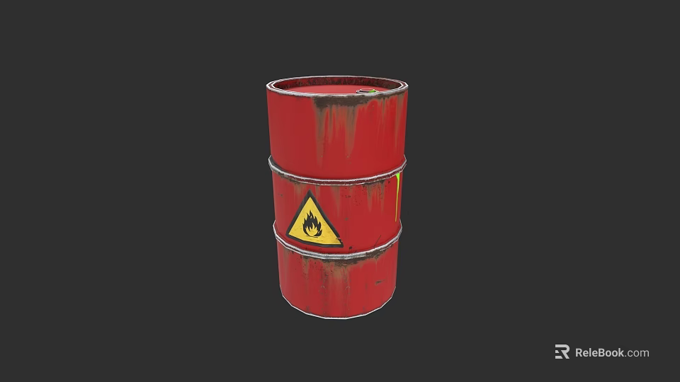 Red Weapon Storage Barrel with Flammable Warning Sign and Rusty Surface 3d model 