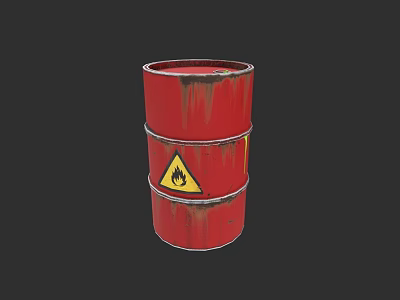 Red Weapon Storage Barrel with Flammable Warning Sign and Rusty Surface 3d model