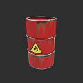 Red Weapon Storage Barrel with Flammable Warning Sign and Rusty Surface