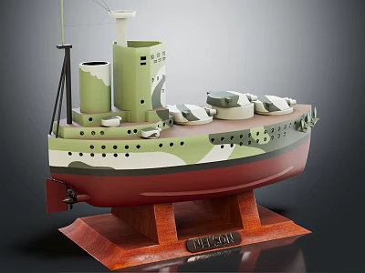 Warship Model with Green Red Camouflage Two Chimneys and Cannons on Wooden Base Named MILAN 3d model