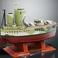 Warship Model with Green Red Camouflage Two Chimneys and Cannons on Wooden Base Named MILAN