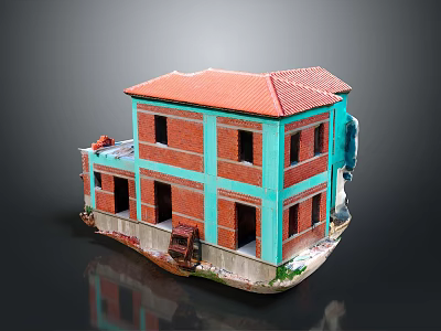 Miniature Two Story House Featuring Turquoise Red Brick Exterior Roof Tiles And Small Red Car 3d model
