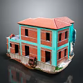 Miniature Two Story House Featuring Turquoise Red Brick Exterior Roof Tiles And Small Red Car