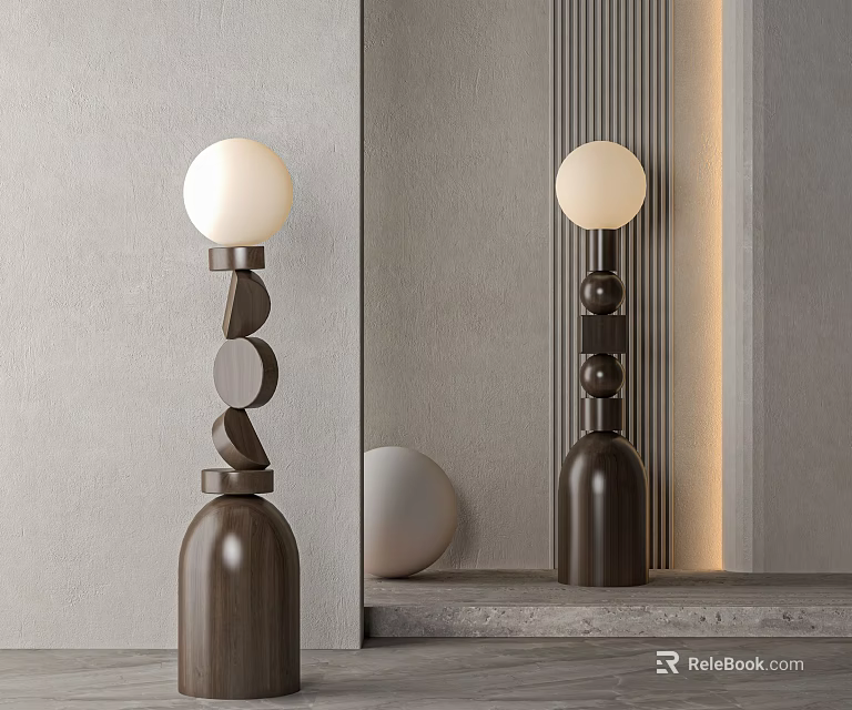 Modern Decorative Floor Lamp With Wooden Base Geometric Elements And White Spherical Shade 3d model 