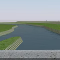Scenic Waterfront Landscape With River Green Lawns Winding Walkways Road And White Cars