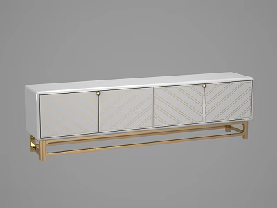 Modern White TV Stand With Gold Metal Frame And Chevron Pattern Cabinet Doors 3d model