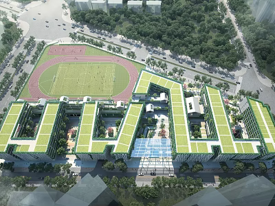 Modern School Building Aerial View Featuring Green Roof Classroom Complex And Sports Field 3d model