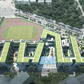 Modern School Building Aerial View Featuring Green Roof Classroom Complex And Sports Field