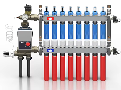 Industrial Fluid Distribution Equipment with Blue Red Cylindrical Components and Pressure Gauge Control Unit 3d model