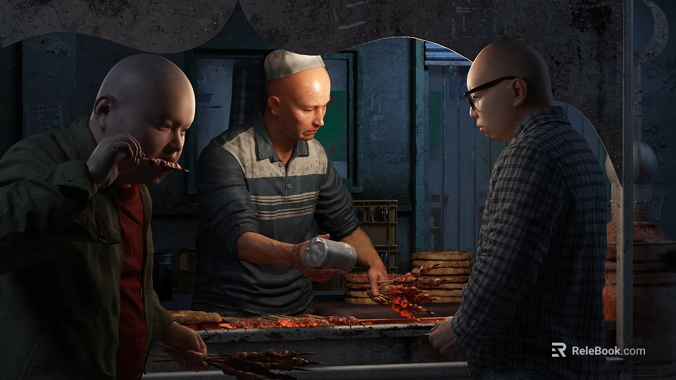 Street Food Stall Preparing Grilled Kebabs And Serving Customers 3d model 