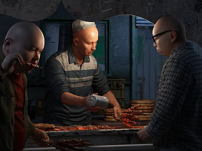 Street Food Stall Preparing Grilled Kebabs And Serving Customers 3d model