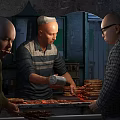 Street Food Stall Preparing Grilled Kebabs And Serving Customers