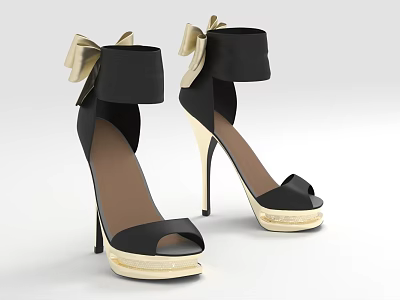 Black And Beige High Heel Shoes With Bow Ankle Strap Peep Toe Platform Design 3d model