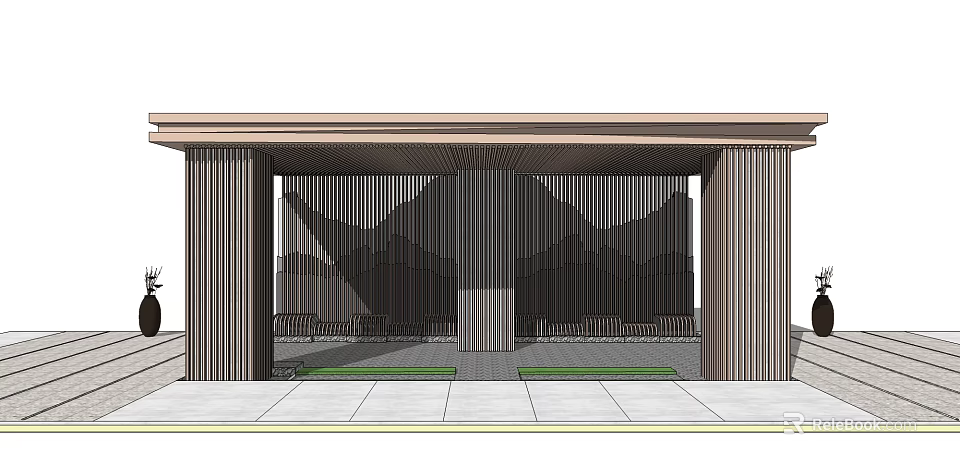Modern Architectural Entrance With Wooden Columns Latticed Screen Outdoor Seating And Stone Paving 3d model 