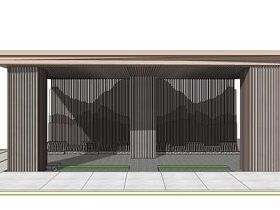 Modern Architectural Entrance With Wooden Columns Latticed Screen Outdoor Seating And Stone Paving 3d model