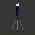 Scenic Landscape View With Blue Telescope On Tripod And Gray Background