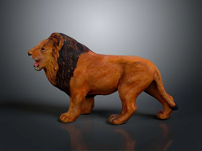 Detailed Standing Lion Sculpture With Brown Orange Fur Black Mane And Open Mouth 3d model