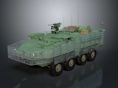 Green Military Armored Vehicle With Multi Wheel Design Top Weapon And Antenna 3d model