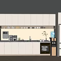 Modern Pantry with White Cabinets LED Strip Lighting Coffee Machine Water Dispenser Microwave Window Blinds