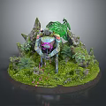 Game Character Mechanical Creature with Lush Greenery Mossy Rocks and Jungle Elements