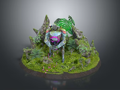 Game Character Mechanical Creature with Lush Greenery Mossy Rocks and Jungle Elements 3d model