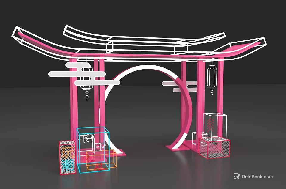 Modern Pink Arch Event Gateway With Hanging Lanterns And Geometric Decorations 3d model 