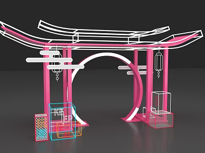 Modern Pink Arch Event Gateway With Hanging Lanterns And Geometric Decorations 3d model