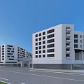 Modern White Multi Storey Office Building With Large Windows Green Lawn And Road