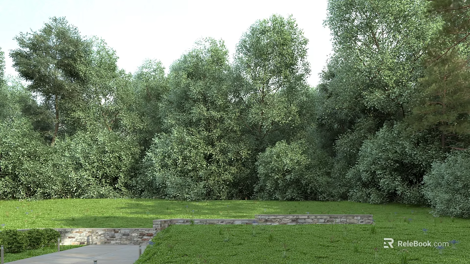 Lush Green Trees Grassy Field And Stone Path Under Clear Sky In Scenic Landscape 3d model 