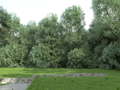 Lush Green Trees Grassy Field And Stone Path Under Clear Sky In Scenic Landscape 3d model
