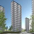 Modern High Rise Residential Building Exterior With Green Trees And Clear Blue Sky
