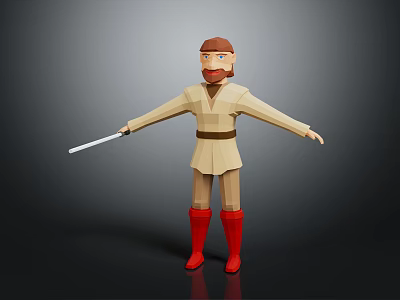 3D Character In Beige Robe With Brown Belt Red Boots Holding White Sword Arms Outstretched 3d model