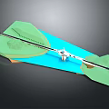 Modern Landscape Structure With Green Land Blue Water And White Connecting Path