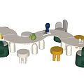 White Wavy Kids Table With Colorful Chairs Stools And Toys Teapot Little Statues On Top