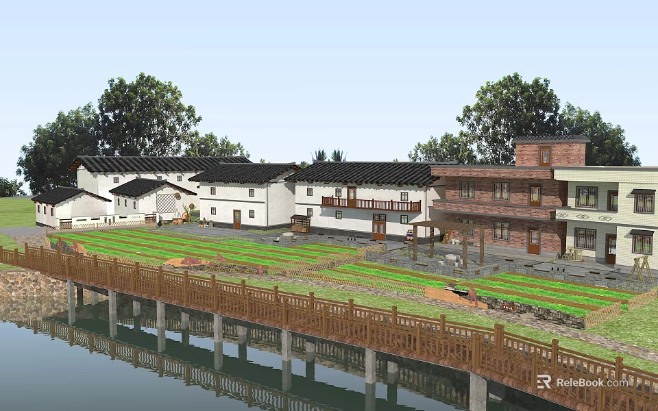 Rural Scenery With Traditional Modern Village Buildings Green Fields Wooden Bridge And River 3d model 