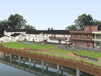Rural Scenery With Traditional Modern Village Buildings Green Fields Wooden Bridge And River 3d model